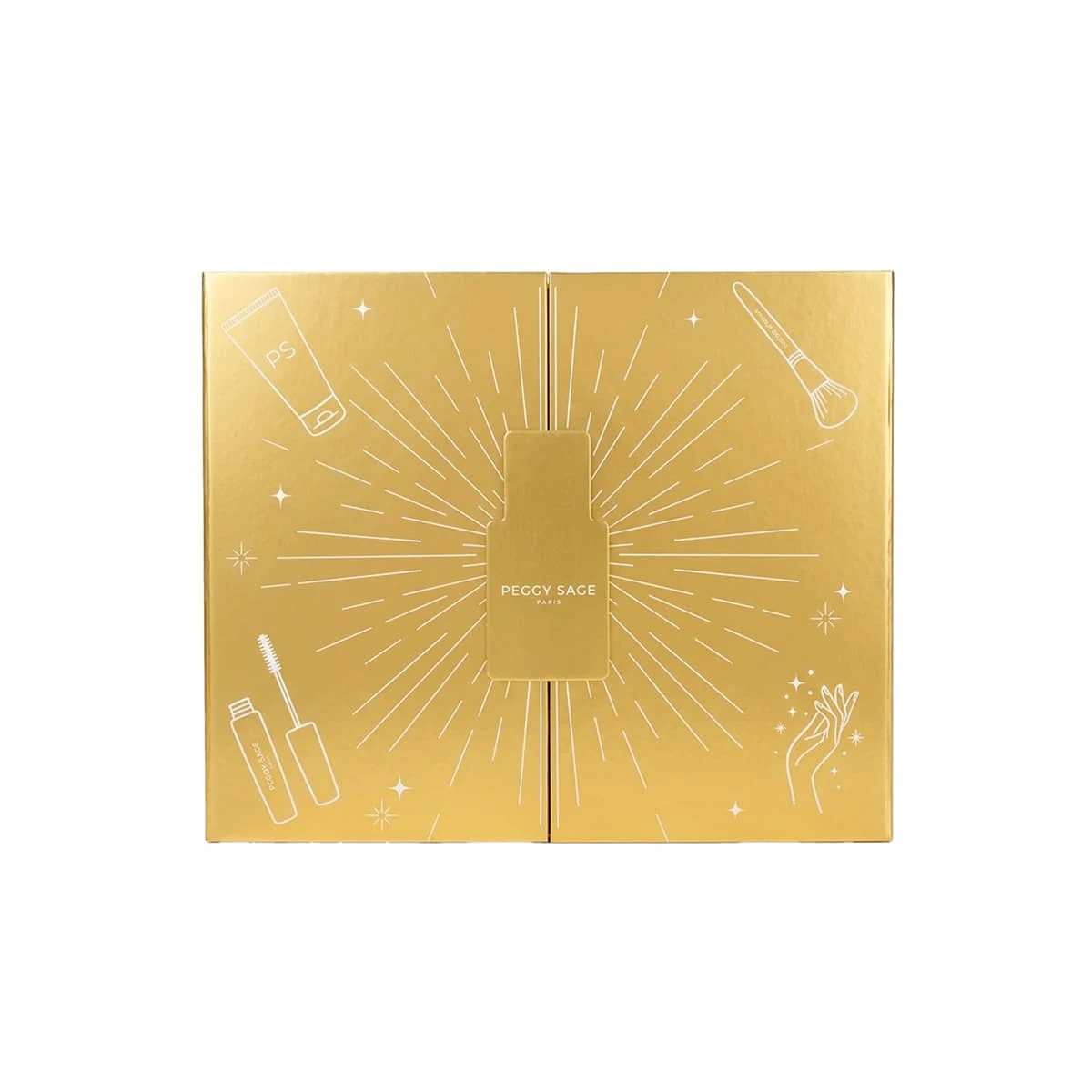 Coffret doré fermé Peggy Sage, décoré de dessins de maquillage et de rayons blancs.