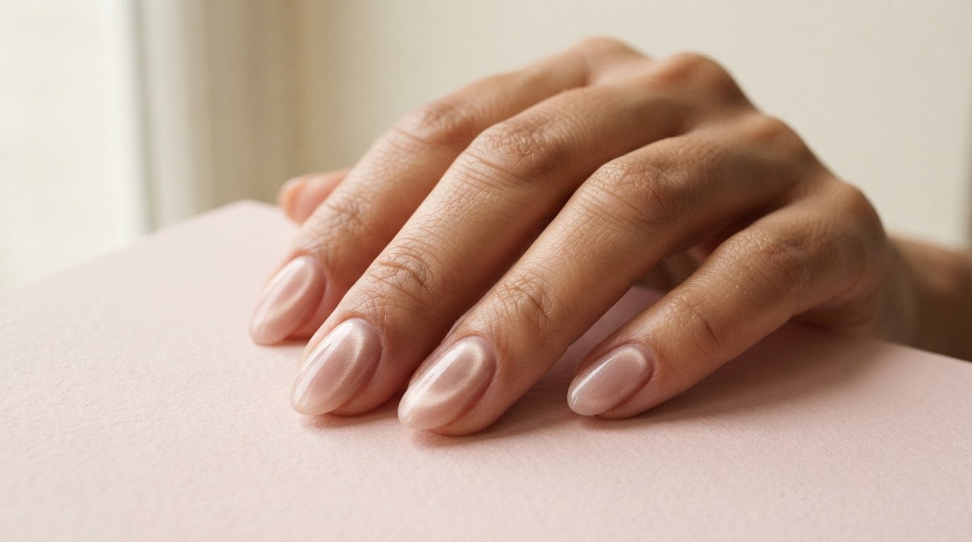 Illustration IA d’une manucure nude rosée avec un reflet discret.