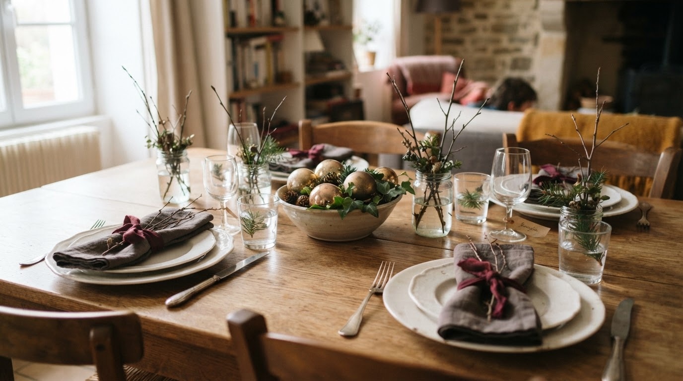 Table de Noël avec rubans et contenants en verre.