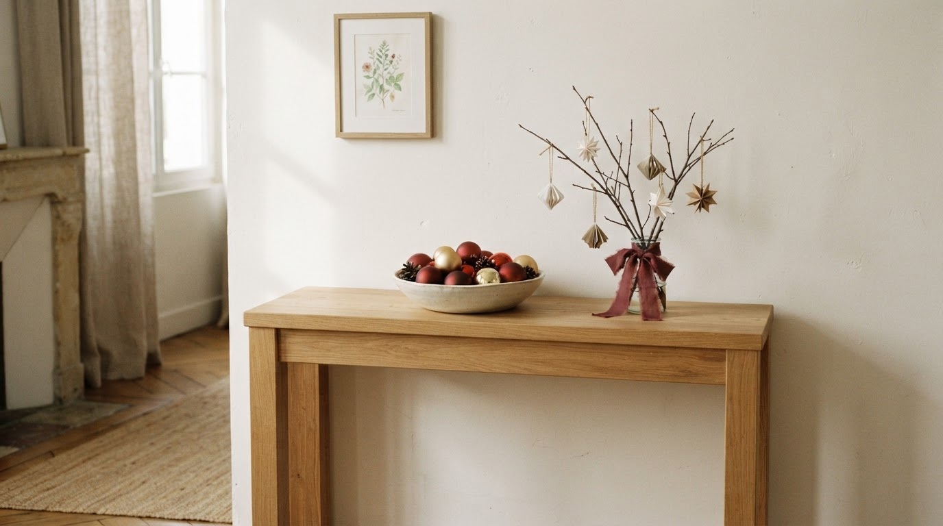 Petit meuble avec boules et décorations en papier.