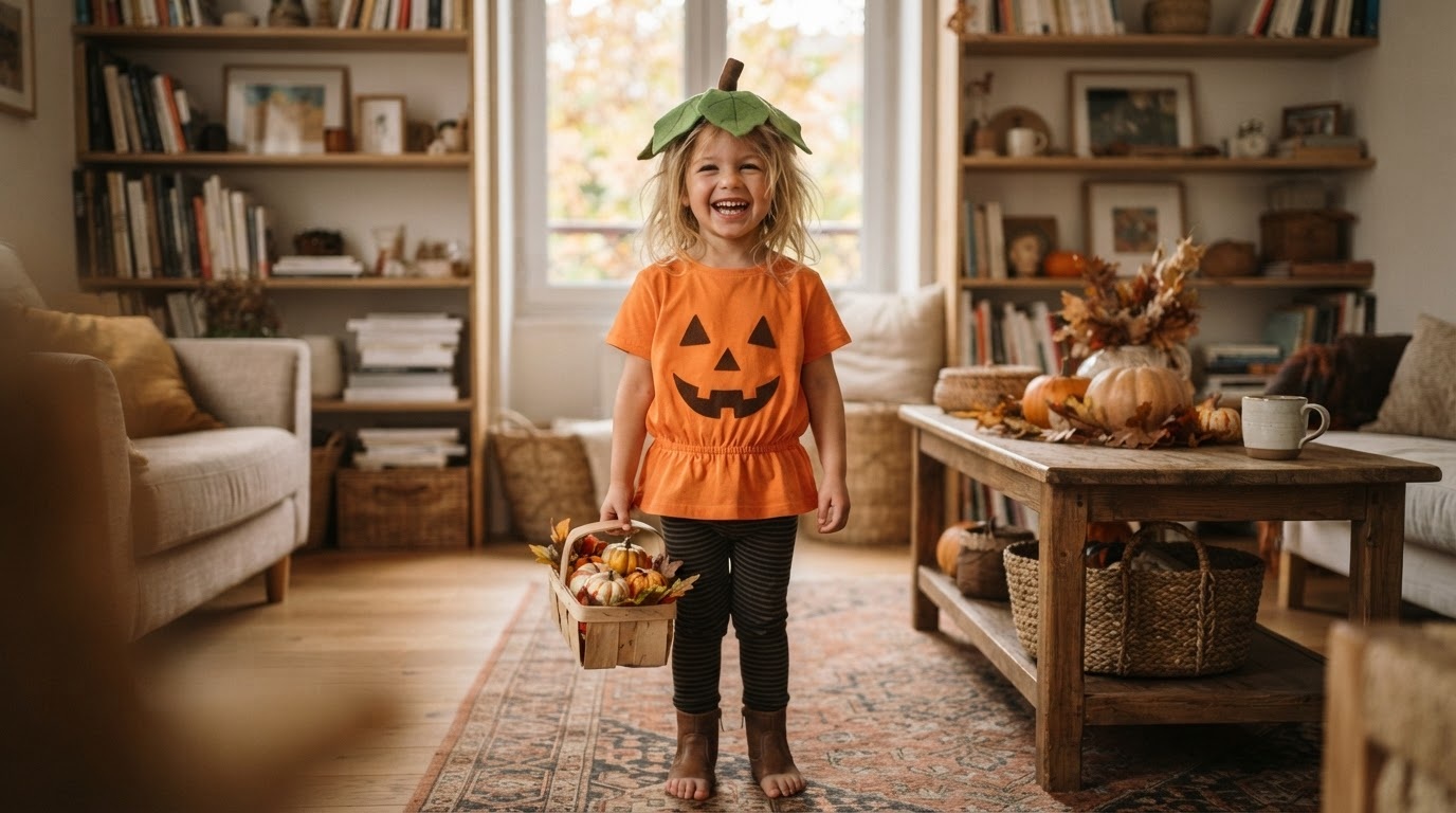 Enfant en déguisement de citrouille.