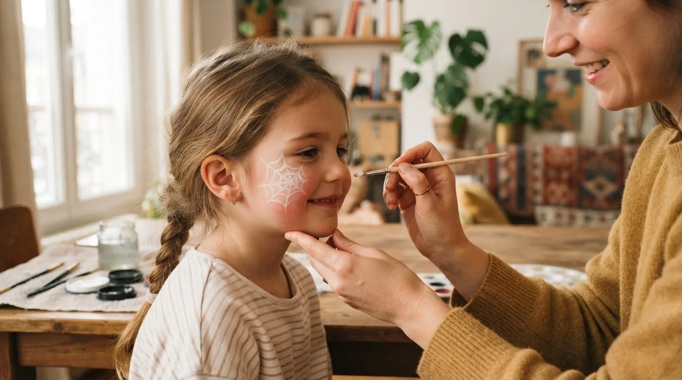 Un parent applique la peinture en douceur sur la joue.