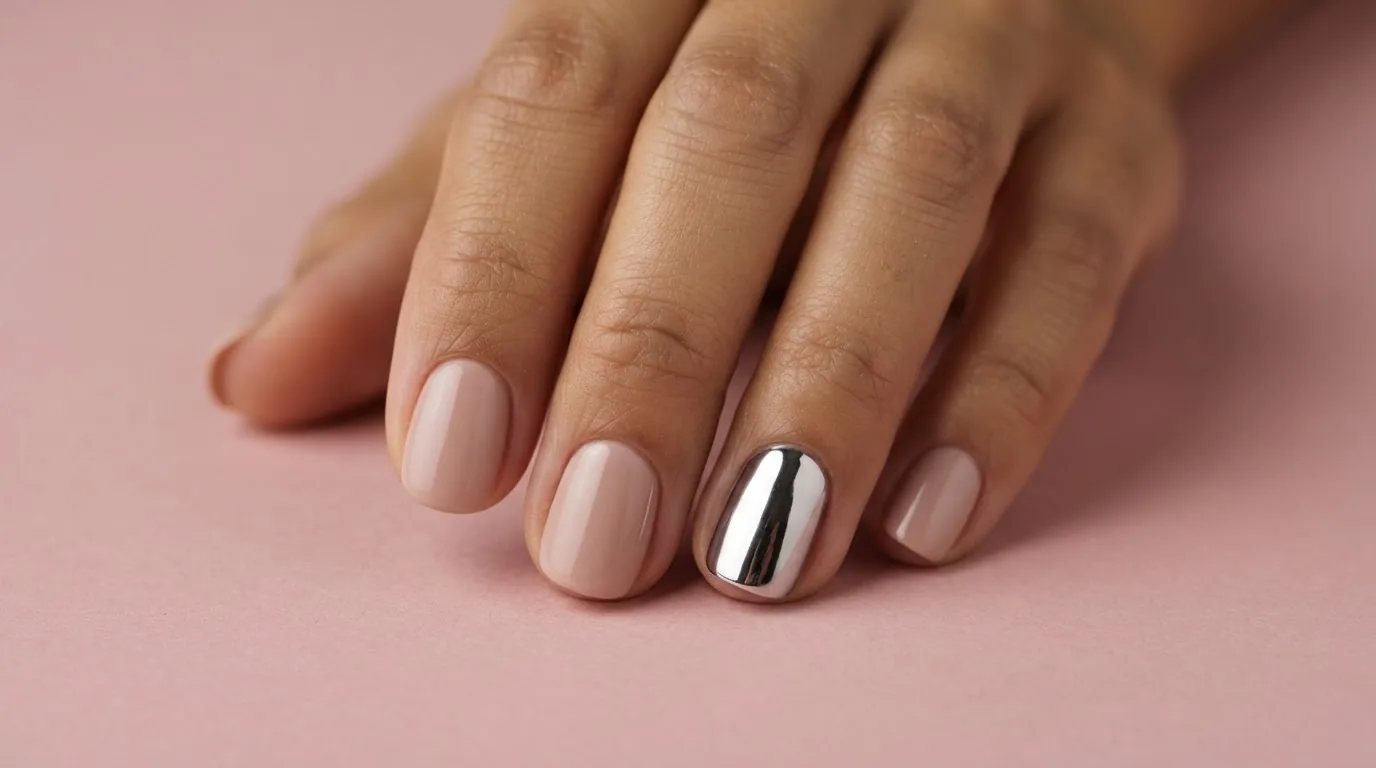 Un ongle argent miroir parmi des ongles beige rosé
