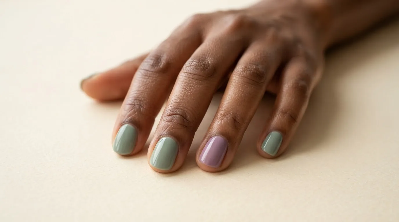 Ongles vert sauge avec un accent mauve