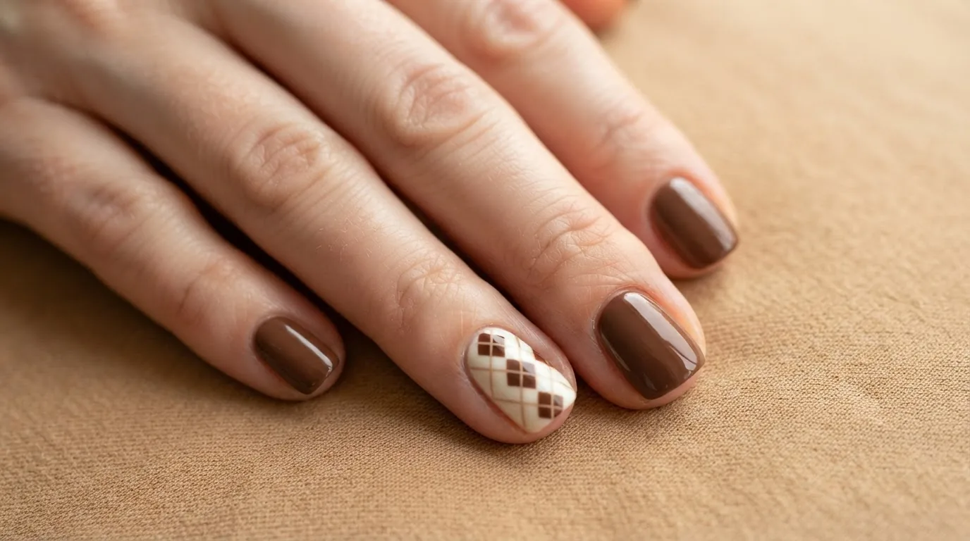 Losanges crème et bruns sur un ongle accent