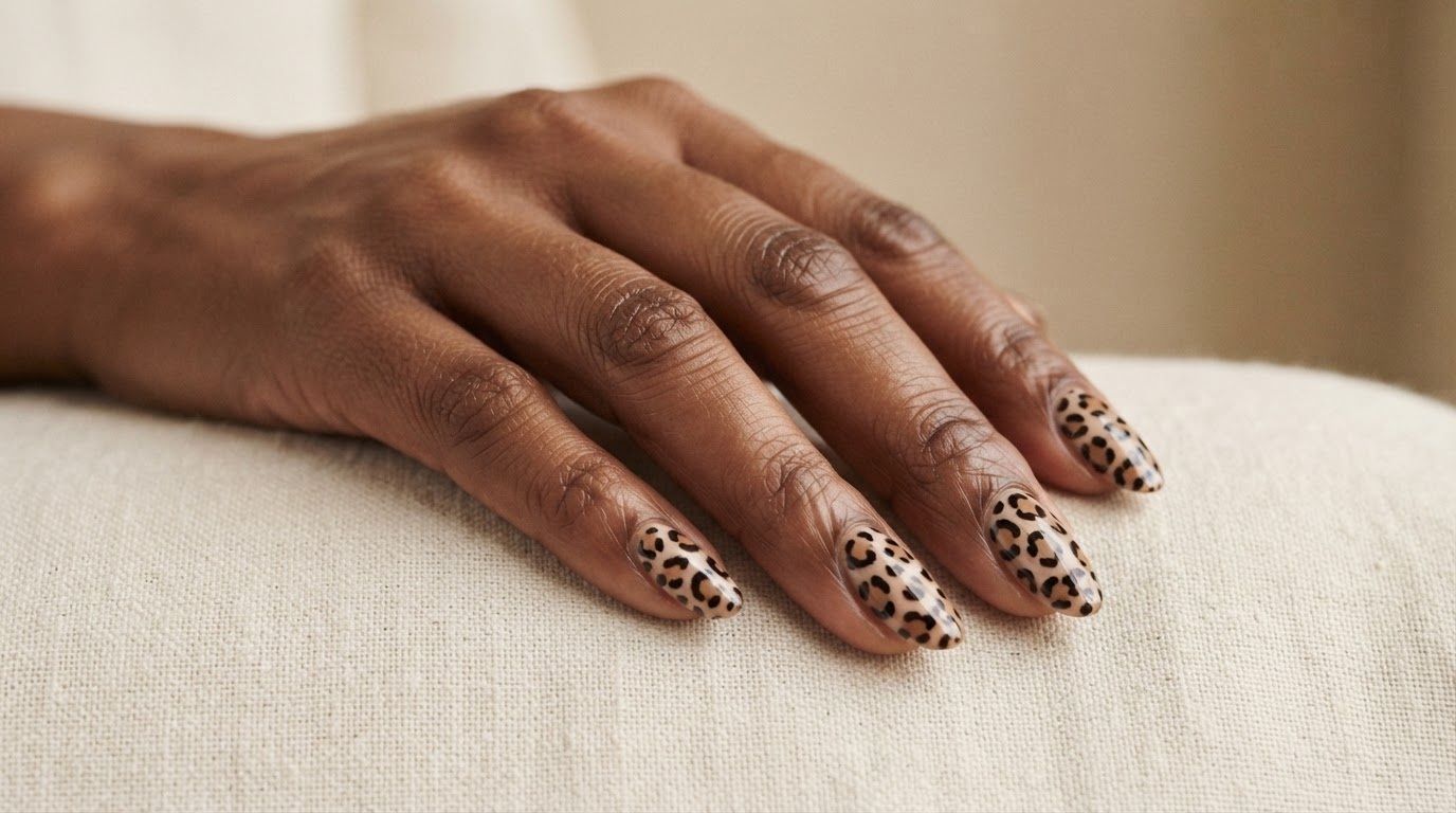 Manucure au motif léopard sur tous les ongles visibles.